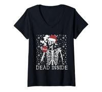 Femme Funny Christmas Skeleton Drinking Coffee Skull Dead Inside T-Shirt avec Col en V