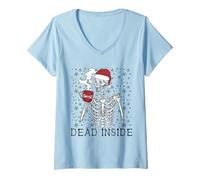Femme Funny Christmas Skeleton Drinking Coffee Skull Dead Inside T-Shirt avec Col en V