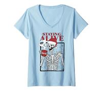 Femme Funny Christmas Skeleton Drinking Coffee Skull Staying Alive T-Shirt avec Col en V
