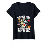 Femme Funny Cockatiel Designs « Cockatiel In Space » pour les amateurs de calopsittes T-Shirt avec Col en V