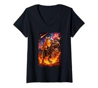 Femme Funny Coffee Orange Cat Riding T-Rex in Cosmic Galaxy UFO T-Shirt avec Col en V