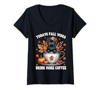 Femme Funny Coffee Saying for Fall and Cat Mom with Black Cat T-Shirt avec Col en V