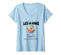 Femme Funny Colorful Bird Shirt Cute Bird Humor Tee Life is Short T-Shirt avec Col en V