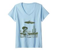 Femme Funny Cowboy Dog UFO Alien Desert Cactus Rencontre T-Shirt avec Col en V