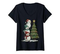 Femme Funny Crazy Snowmen Topper Stack Decorating Christmas Tree T-Shirt avec Col en V
