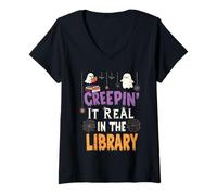 Femme Funny Creepin It Real in The Library Book Lover Halloween T-Shirt avec Col en V