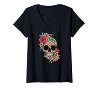 Femme Funny Dia De Los Muertos Léopard Sucre Crâne Fleur Mexicaine T-Shirt avec Col en V