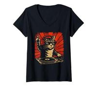 Femme Funny DJ Cat Disco Sound Tech Music Art avec écouteurs T-Shirt avec Col en V
