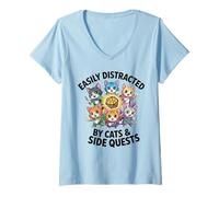 Femme Funny Easily Distracted by Cats Side Quest RPG Gamer T-Shirt avec Col en V