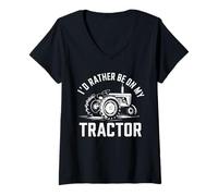 Femme Funny Farm Rancher I'd Rather Be on My Tractor Humour Farmer T-Shirt avec Col en V