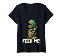 Femme Funny Feed Me Always Hungry Venus Fly Trap Chemise Halloween T-Shirt avec Col en V