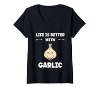Femme Funny Food Vegetable Quote Life is Better with Garlic T-Shirt avec Col en V