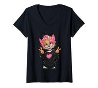 Femme Funny Fox with Glasses Double Signe de Paix Hipster Kawaii T-Shirt avec Col en V
