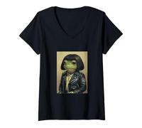 Femme Funny Frog Bob Coupe de Cheveux Meme Rock and Roll Lover T-Shirt avec Col en V