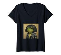 Femme Funny Frog Bob Coupe de Cheveux Meme Rock and Roll Lover T-Shirt avec Col en V