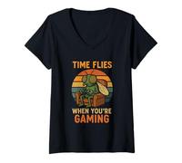 Femme Funny Gamer Humour Fly Pun Rétro Jeux Vidéo Lovers Console T-Shirt avec Col en V