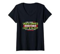 Femme Funny Gamer Routines Eat Sleep Leave Room Citation T-Shirt avec Col en V