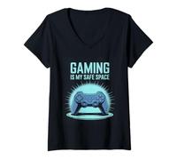 Femme Funny Gaming Is Safe Space Mode Pixel Art T-Shirt avec Col en V