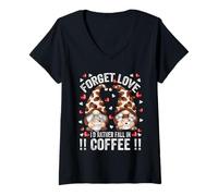 Femme Funny GNOME Forget Love Fall in Coffee Saying Anti Valentine T-Shirt avec Col en V