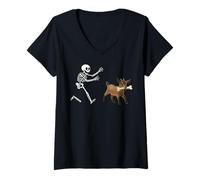 Femme Funny Goat Running Skeleton Halloween T-Shirt avec Col en V