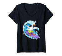 Femme Funny Goose Surfe sur Une Vague océanique 1 - Fan Fun T-Shirt avec Col en V