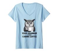 Femme Funny Grammar Police Owl Coffee Humour for Writers & Teachers T-Shirt avec Col en V