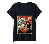 Femme Funny Graphic Vintage Cat Ramen Japanese Ukiyo-e Woodblock T-Shirt avec Col en V