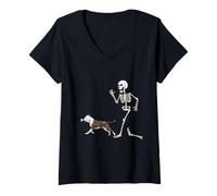 Femme Funny Halloween American Staffordshire Terrier and Skeleton T-Shirt avec Col en V