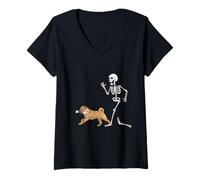 Femme Funny Halloween Chinese Shar-Pei and Skeleton T-Shirt avec Col en V