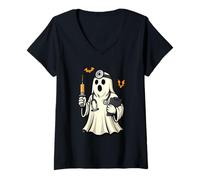 Femme Funny Halloween Doctor Ghost Halloween Hospital Crew Medical T-Shirt avec Col en V