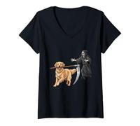 Femme Funny Halloween Golden Retriever Dog and The Reaper T-Shirt avec Col en V