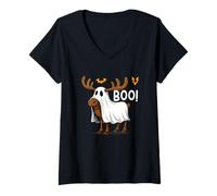 Femme Funny Halloween Moose Ghost Boo Spooky T-Shirt avec Col en V