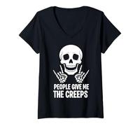Femme Funny Halloween People Give Me The Creeps Skeleton Skull T-Shirt avec Col en V
