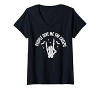 Femme Funny Halloween People Give Me The Creeps Skeleton Skull T-Shirt avec Col en V