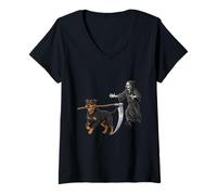 Femme Funny Halloween Rottweiler Dog and The Reaper T-Shirt avec Col en V
