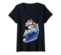 Femme Funny Hamster Surfe sur Une Vague océanique 1 - Fan Fun T-Shirt avec Col en V
