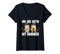Femme Funny Hanging with My Gnomies on Ice Hockey GNOME Graphic T-Shirt avec Col en V