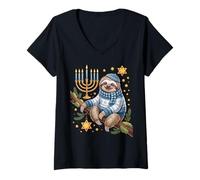 Femme Funny Hanukkah Jewish Sloth Menorah Star Dreidel T-Shirt avec Col en V