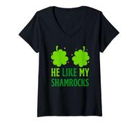 Femme Funny He Likes My Shamrock, She Likes My Leprechaun Couples T-Shirt avec Col en V