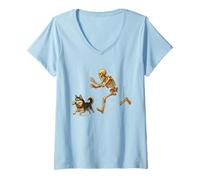 Femme Funny Husky Halloween Steal Bone Skeleton Chase Spooky Husky T-Shirt avec Col en V