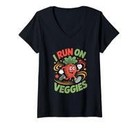 Femme Funny I Run on Veggies Légumes Dire T-Shirt avec Col en V