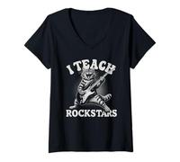 Femme Funny I Teach Rock Stars Cat Teacher Music Team Band T-Shirt avec Col en V