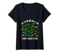 Femme Funny I'm Fine Everything is Fine Tangled Christmas Lights T-Shirt avec Col en V