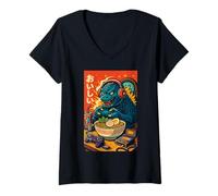 Femme Funny Kaiju Gamer Eating Ramen Noodles Japanese Oishii Theme T-Shirt avec Col en V