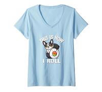 Femme Funny Kawaii How I Roll Sushi Black Tricolor Corgi Lover T-Shirt avec Col en V