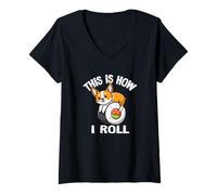 Femme Funny Kawaii Sushi How I Roll Pembroke Welsh Corgi Dog Lover T-Shirt avec Col en V