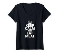 Femme Funny Keep Calm Eat Meat | Burger Steak Bacon Lover T-Shirt avec Col en V