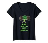 Femme Funny Keto Powerlifting Broccoli - Eat Healthy Lift Repeat T-Shirt avec Col en V
