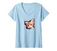 Femme Funny Kitten Cute Cat Breaking Through Wall T-Shirt avec Col en V