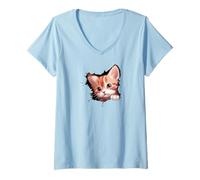 Femme Funny Kitten Cute Cat Breaking Through Wall T-Shirt avec Col en V